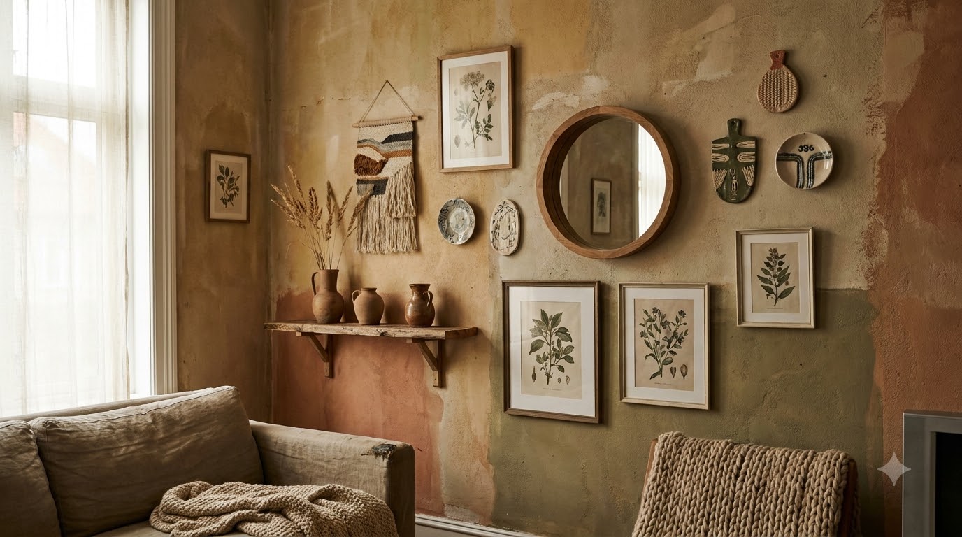 Person measuring a large empty living room wall with a tape measure, pencil marks visible