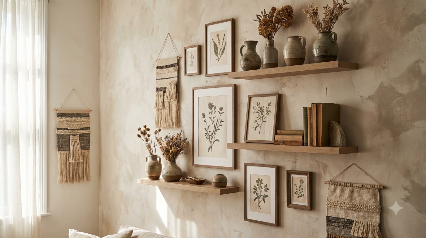 Gallery wall of mixed frames arranged as one tidy rectangle above a console table