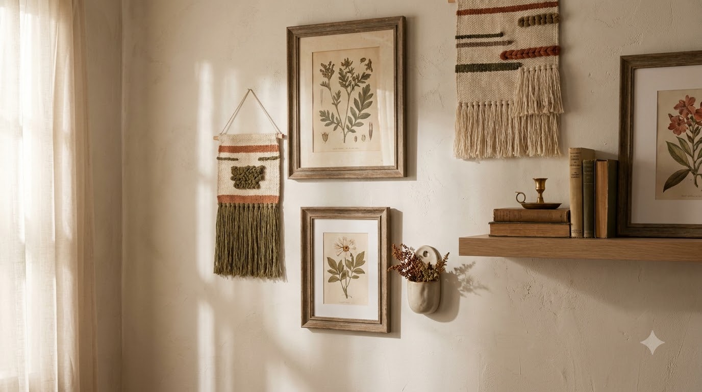 Diagram-style photo of three stacked floating shelves showing 10-12 inch vertical spacing on a wall