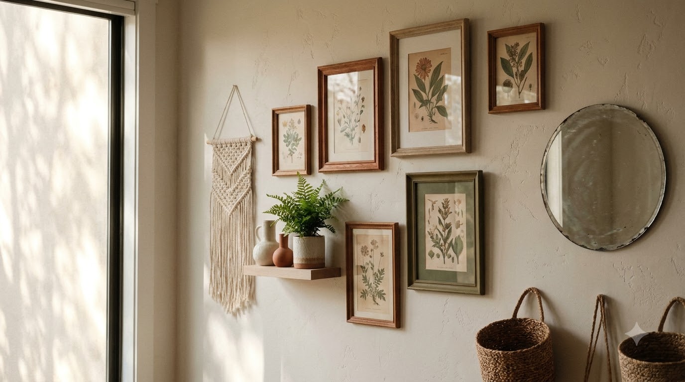 Tall empty wall with one oversized framed art piece and a floor plant beside it